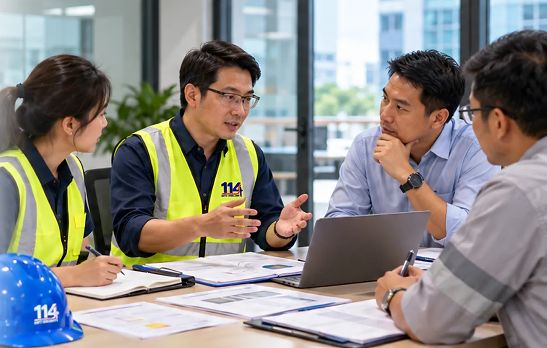Safety consultants reviewing workplace safety documents with a client team