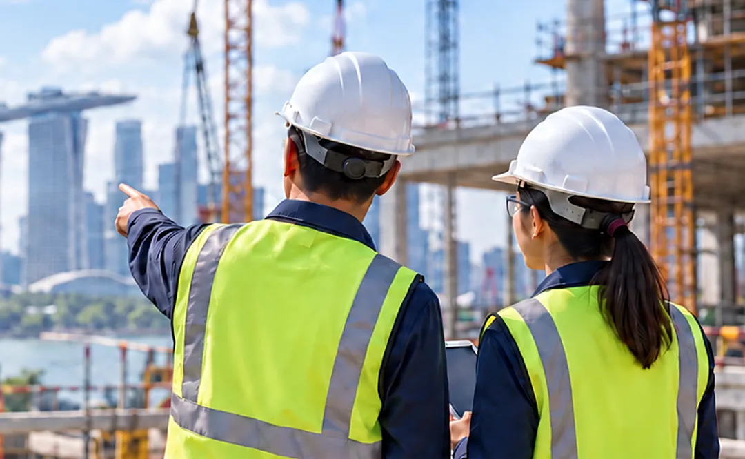WSH professionals in hard hats and high-visibility vests reviewing a construction site in Singapore