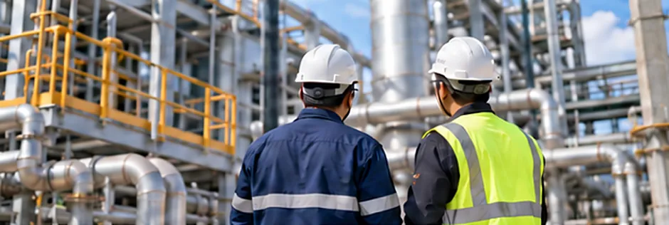 Safety personnel inspecting pipework at an industrial plant